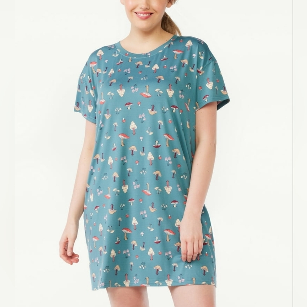 S / M • Joyspun • Teal Mushroom Print T-Shirt Dress With Pockets